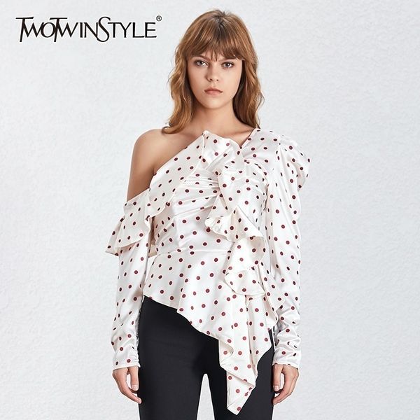 twotwinstyle elegant polka dot women blouse off shoulder puff sleeve irregular ruffles slim shirt female summer fashion y200622, White
twotwinstyle elegant polka dot women blouse off shoulder puff sleeve irregular ruffles slim shirt female summer fashion y200622, White