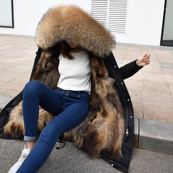 women's raccoon fur collar coat raccoon liner fur coat long women's winter parka1, Black