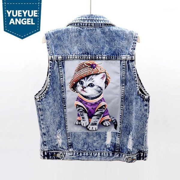 women summer sleeveless denim jacket kawaii cat printed vest hole ripped rivets waistcoat ladies casual jean vests coat1, Black;white
women summer sleeveless denim jacket kawaii cat printed vest hole ripped rivets waistcoat ladies casual jean vests coat1, Black;white