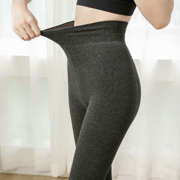 autumn and winter new vertical stripe cotton women's high waist thin cashmere plus cashmere thickened leggings 1900d warm pants, Black