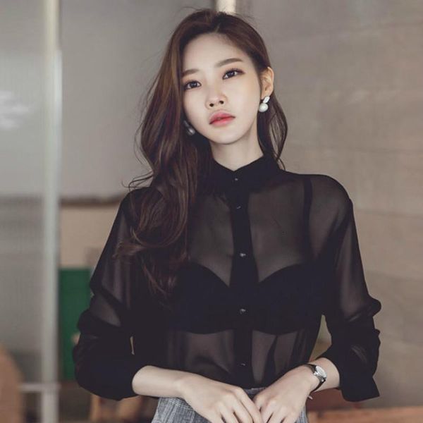 tuhao women blouse spring summer black chiffon stand collar button ladies transparent long sleeve blusas, White
tuhao women blouse spring summer black chiffon stand collar button ladies transparent long sleeve blusas, White