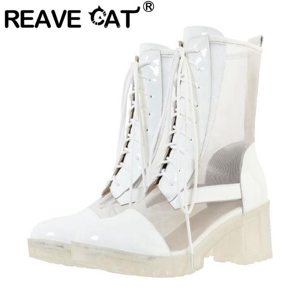 reave cat 2021 new women boots round toe 6cm square heels transparent patent leather mesh stylish lace-up soft summer a3363, Black
reave cat 2021 new women boots round toe 6cm square heels transparent patent leather mesh stylish lace-up soft summer a3363, Black