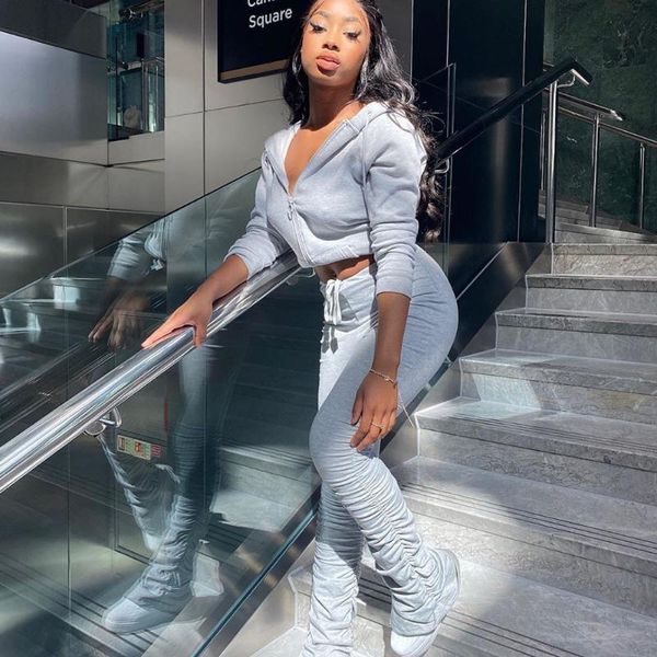 women's tracksuits solid hooded two piece set women 2021 autumn long sleeve zipper and stacked pants sporty streetwear casual matching, Gray
women's tracksuits solid hooded two piece set women 2021 autumn long sleeve zipper and stacked pants sporty streetwear casual matching, Gray