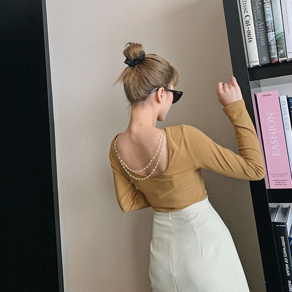 88127 дизайна чувства длинного рукав t- pearl тонкая эластичная футболка для осени женщин 2020 нового перл открытой спины экипажа шеи универ, White
88127 дизайна чувства длинного рукав t- pearl тонкая эластичная футболка для осени женщин 2020 нового перл открытой спины экипажа шеи универ, White