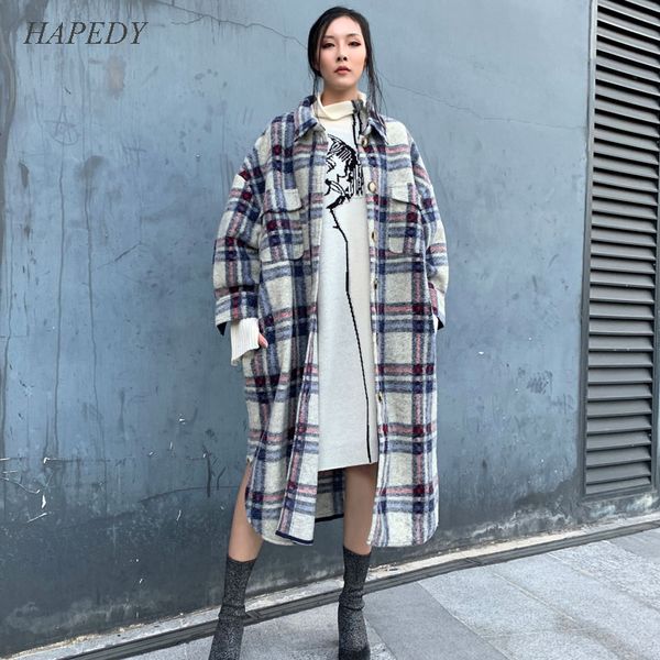 

hapedy 2020 autumn winter women coats turn down collar woolen cashmere plaid elegant wool jacket women long plus size coat lj201109, Black