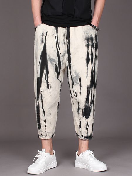 2021 New Inkjet Cotton Linen Baggy Small Harelan Feet Summer Men's Fashionable Hemp Pants PIAQ, Black