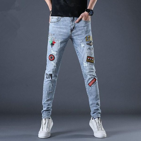 luxury fashion high-quality men's jeans distressed bicycle denim hip-hop skinny slim torn fashion printed jeans upsetting, Blue 
luxury fashion high-quality men's jeans distressed bicycle denim hip-hop skinny slim torn fashion printed jeans upsetting, Blue