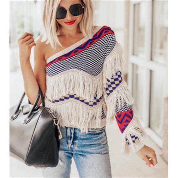 

women splicing tshirt sweater fashion trend long sleeve oblique shoulder knitting pullover designer famale winter tassel casual sweater, White