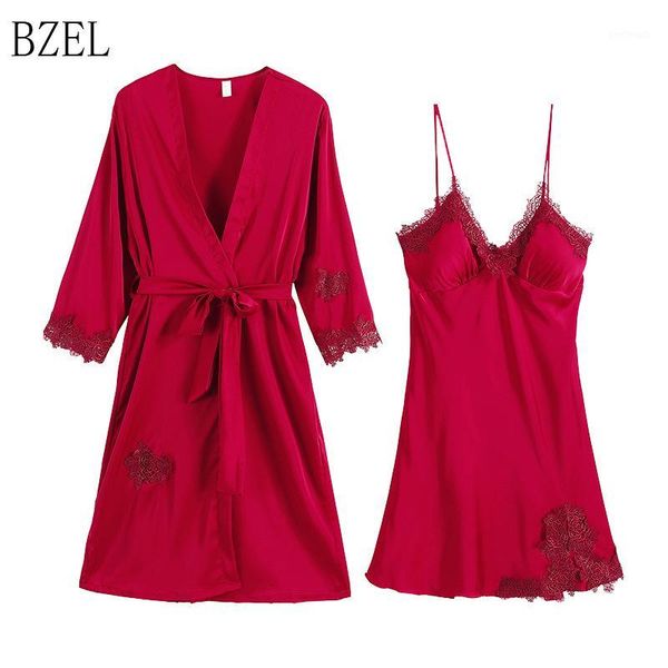 women's sleepwear bzel 2021 two piece robe set women satin belt and slip dress lady lace night pajamas suit mujer nightgown women1, Black;red
women's sleepwear bzel 2021 two piece robe set women satin belt and slip dress lady lace night pajamas suit mujer nightgown women1, Black;red