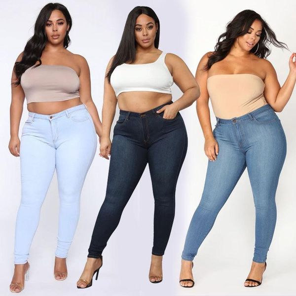 streetwear women solid plus size jeans 2021 spring plus size new arrivals lady high waist skinny high elastic denim pencil pants, Blue 
streetwear women solid plus size jeans 2021 spring plus size new arrivals lady high waist skinny high elastic denim pencil pants, Blue