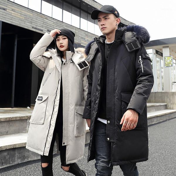 couple winter white duck down jacket long keep warm thicken coat men fashion hooded fur collar windbreaker down parka jacke1, Black 
couple winter white duck down jacket long keep warm thicken coat men fashion hooded fur collar windbreaker down parka jacke1, Black