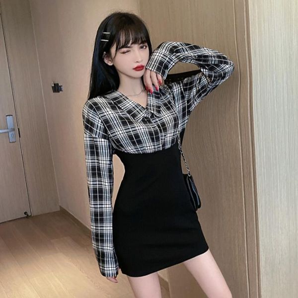 women's spring autumn dress retro style plaid stitching fake two-piece dress new slim high waist long sleeve dresses gx663, Black;gray
women's spring autumn dress retro style plaid stitching fake two-piece dress new slim high waist long sleeve dresses gx663, Black;gray
