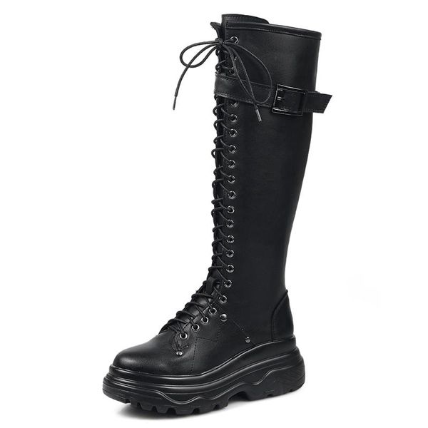 sponge thick bottom cross straps belt buckle ladies knee boots polyurethane sole laces and velvet side zipper motorcycle boots, Black
sponge thick bottom cross straps belt buckle ladies knee boots polyurethane sole laces and velvet side zipper motorcycle boots, Black