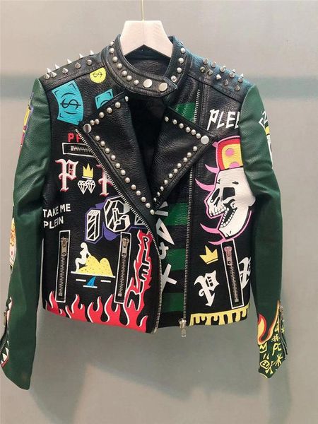 women fall punk graffiti zipper rivet faux leather jacket ladies rock short motorcycle biker jackets autumn spring crop pu coat, Black
women fall punk graffiti zipper rivet faux leather jacket ladies rock short motorcycle biker jackets autumn spring crop pu coat, Black