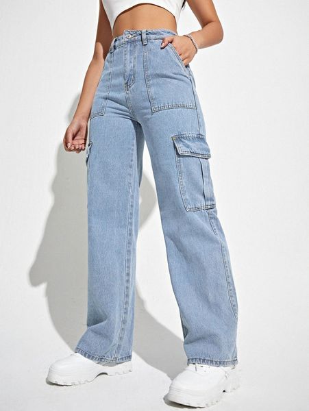 high waisted flap pocket cargo jeans l4cz#, Blue
high waisted flap pocket cargo jeans l4cz#, Blue