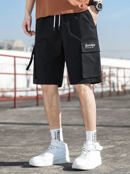men letter graphic flap pocket shorts d1cl#, Black