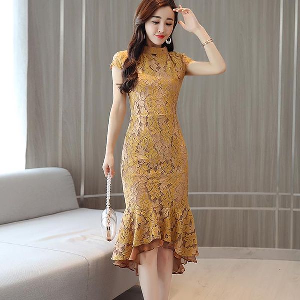 2019 summer women new temperament ladies slim slimming package hip lace fishtail dress retro solid color improved cheongsam, Black;gray
2019 summer women new temperament ladies slim slimming package hip lace fishtail dress retro solid color improved cheongsam, Black;gray