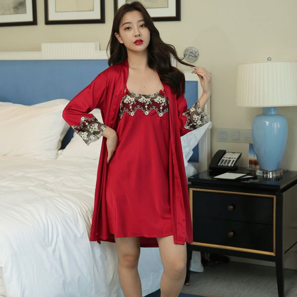 Women Nightgown 2021 Spring New Satin 2PCS Sleepwear Nighty&Robe Suit Soft Intimate Lingerie Sexy Lace Intimate Lingerie, Black
Women Nightgown 2021 Spring New Satin 2PCS Sleepwear Nighty&Robe Suit Soft Intimate Lingerie Sexy Lace Intimate Lingerie, Black