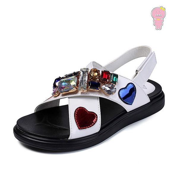 Summer Quality Girls Sandals Kids Beach Shoes Children Sandals Baby Shoes Faux Crystal Love Patch Patent Leather 3 To 13 Yrs