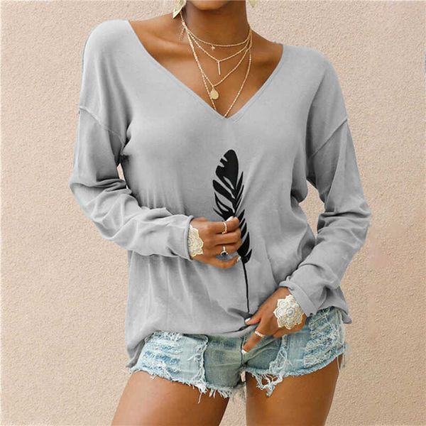 2021 autumn winter new women's loose v-neck long-sleeved feather printed t-shirt women casual pullover streetwear oversized, White
2021 autumn winter new women's loose v-neck long-sleeved feather printed t-shirt women casual pullover streetwear oversized, White