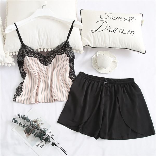 summer new patchwork fashion woman pajama set lace spaghetti strap short twinset sleepwear ice silk soft pyjama y200708, Black;red
summer new patchwork fashion woman pajama set lace spaghetti strap short twinset sleepwear ice silk soft pyjama y200708, Black;red