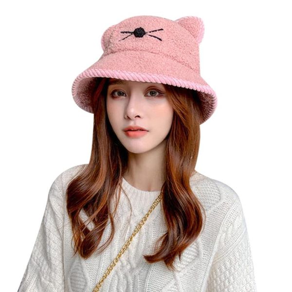 wide brim hats 2021 fashion women winter plush bucket hat with cute cat ears flat soft animal printed warm caps sombrero, Blue;gray 
wide brim hats 2021 fashion women winter plush bucket hat with cute cat ears flat soft animal printed warm caps sombrero, Blue;gray