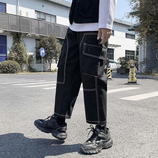 men's jeans multi-pocket elastic waist denim pants harajuke loose straight fashion cropped trousers black cargo, Blue
men's jeans multi-pocket elastic waist denim pants harajuke loose straight fashion cropped trousers black cargo, Blue
