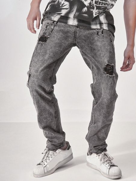 men ripped frayed straight leg jeans o9qa#, Blue