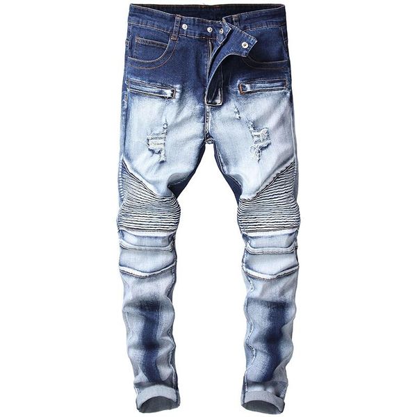 men's jeans men zipper ruined old fashion long season denim straight slim pleated motorcycle pants large size, Blue
men's jeans men zipper ruined old fashion long season denim straight slim pleated motorcycle pants large size, Blue
