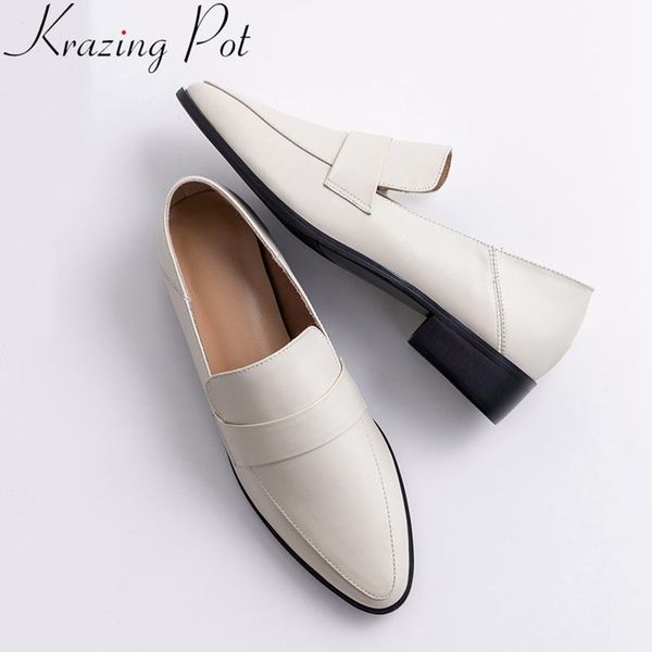 krazing pot 2020 superstar slip on round toe cow leather women pumps med heel office lady loafers solid neutral casual shoes l05 y200702, Black