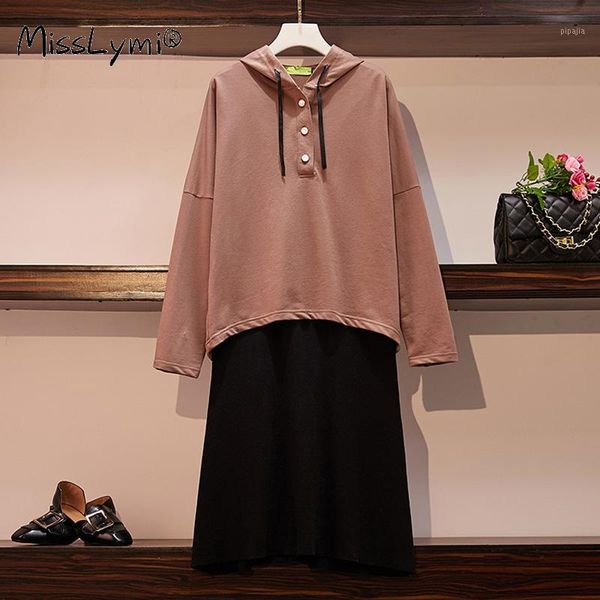 xl-5xl plus size women sweatshirt dress autumn 2020 long sleeve loose casual hoodies and black cotton midi dresses 2 piece set1, Black;gray
xl-5xl plus size women sweatshirt dress autumn 2020 long sleeve loose casual hoodies and black cotton midi dresses 2 piece set1, Black;gray