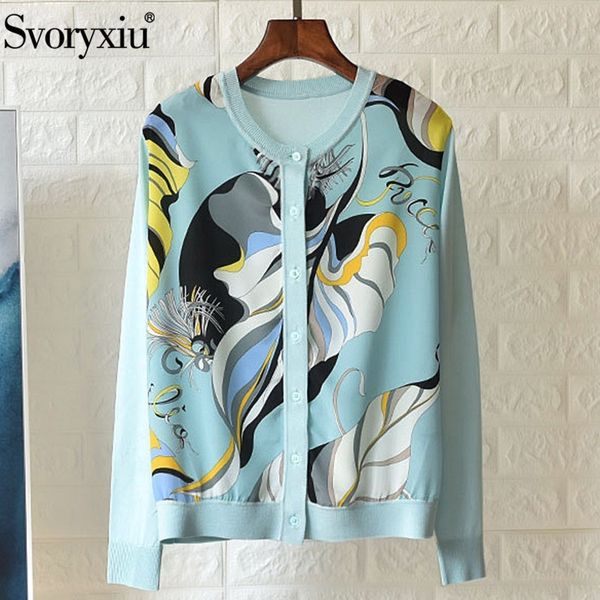 svoryxiu designer spring summer knitting cardigan women's colorful silk print patchwork thin sweater cardigan coat y200720, White;black 
svoryxiu designer spring summer knitting cardigan women's colorful silk print patchwork thin sweater cardigan coat y200720, White;black