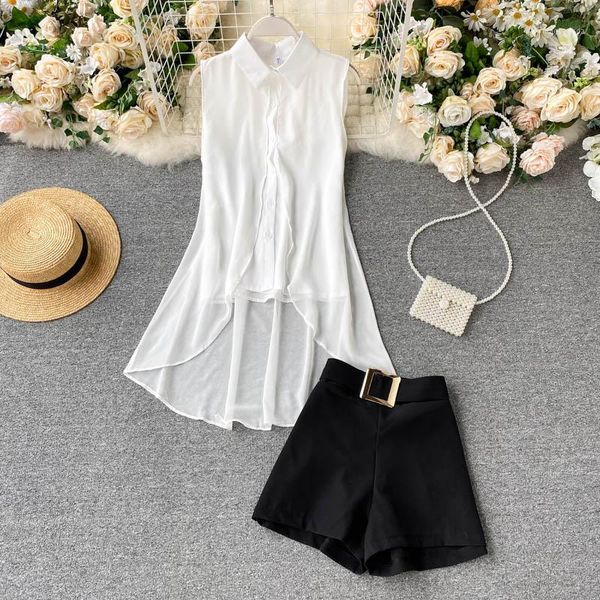 korean fashion new sleeveless mid-length chiffon shirt + women's high waist wide leg shorts two-piece sets n6291, Gray
korean fashion new sleeveless mid-length chiffon shirt + women's high waist wide leg shorts two-piece sets n6291, Gray