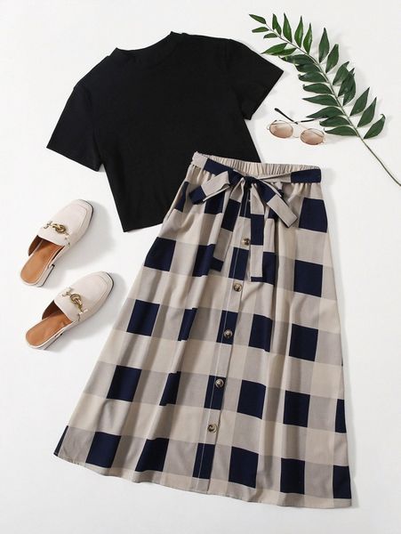 solid & self belted buffalo plaid skirt set 46js#, White