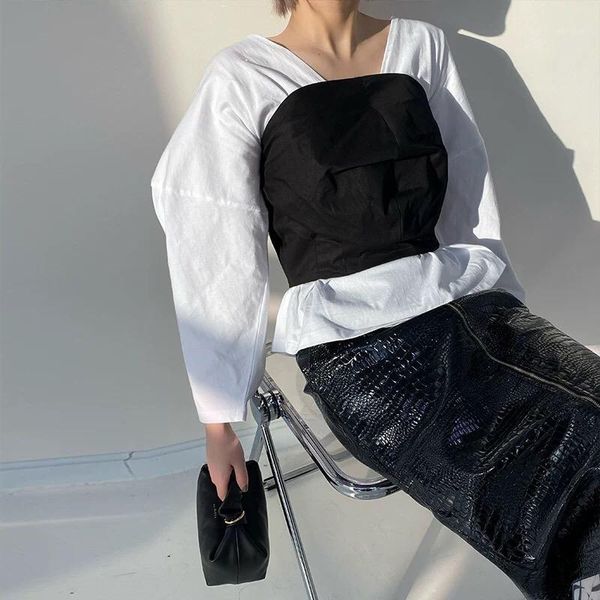 12.9 new style fashion women's contrast color corset v-neck long sleeve shirt blouse1, White
12.9 new style fashion women's contrast color corset v-neck long sleeve shirt blouse1, White