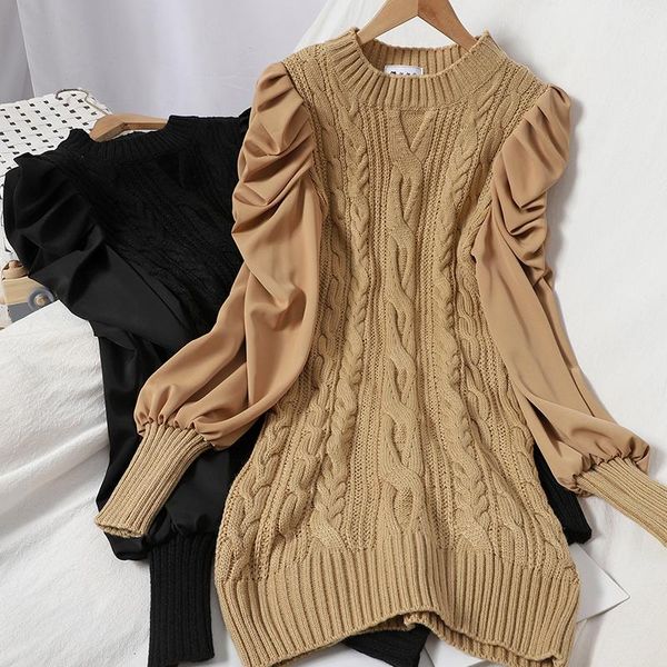 deat 2020 autumn winter women new fashion puff long sleeve round neck office lady patchwork knitted middle length dress rc630, Black;gray
deat 2020 autumn winter women new fashion puff long sleeve round neck office lady patchwork knitted middle length dress rc630, Black;gray