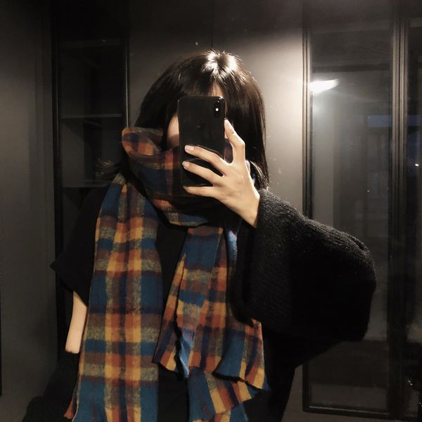 plaid cashmere scarf and shawl for women in winter, Blue;gray