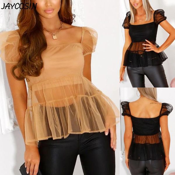 jaycosin women solid mesh perspective ruffles blouse fashion casual square collar short puff sleeve blusa feminina, White 
jaycosin women solid mesh perspective ruffles blouse fashion casual square collar short puff sleeve blusa feminina, White