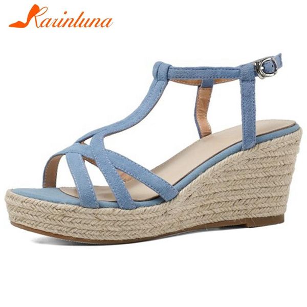 karin fashion female wedges fashion sandals platform buckle strap genuine leather women sandals summer women shoes, Black