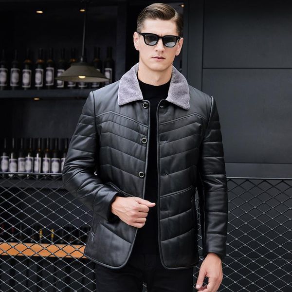 men's leather & faux haining sheep skin winter white duck down jacket middle-aged and old male dad put warm coat, Black
men's leather & faux haining sheep skin winter white duck down jacket middle-aged and old male dad put warm coat, Black