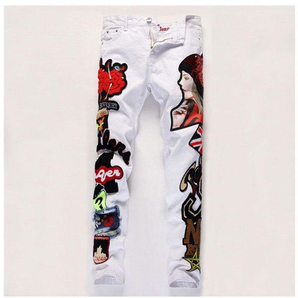 men's jeans embroidery beauty cool patchwork badge white denim 2021 slim night club skinny pencil pants for stylish man 30-38, Blue
men's jeans embroidery beauty cool patchwork badge white denim 2021 slim night club skinny pencil pants for stylish man 30-38, Blue