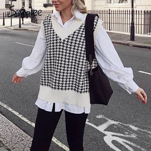 simplee houndstooth knitted sweater vest women v neck sleeveless oversized pullover vintage fall winter female waistcoat sweater1, White;black
simplee houndstooth knitted sweater vest women v neck sleeveless oversized pullover vintage fall winter female waistcoat sweater1, White;black