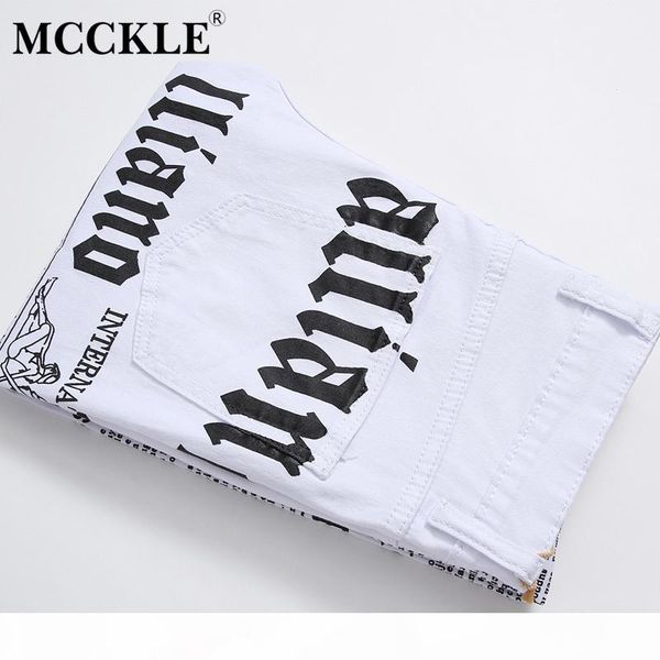 mcckle 2017 autumn men denim trousers white printing newspaper casual pants mens painted skinny jeans for man size 28-421, Blue