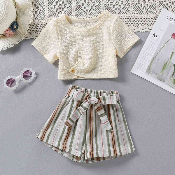 2022 summer new arrival baby girls clothes pure color t-shirt + striped shorts two-piece set children's cotton casual clothing g220217, White
2022 summer new arrival baby girls clothes pure color t-shirt + striped shorts two-piece set children's cotton casual clothing g220217, White