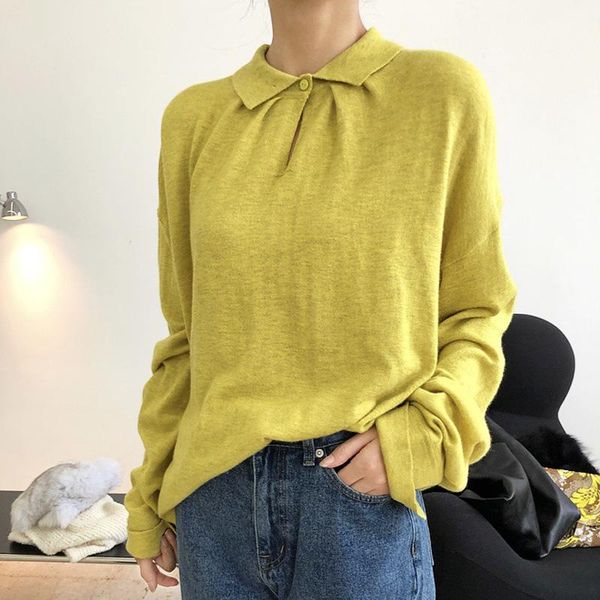 spring and autumn women's casual solid color lapel long sleeve loose sweater, White;black 
spring and autumn women's casual solid color lapel long sleeve loose sweater, White;black