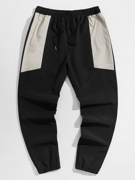 men contrast panel drawstring pants r58e#, Black