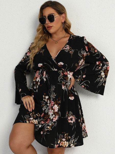 plus floral print surplice neck flounce sleeve dress l5xu#, Black
plus floral print surplice neck flounce sleeve dress l5xu#, Black