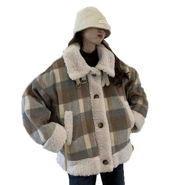women's wool & blends plaid coat lamb splicing blended woolen autumn winter coats plus size single-breasted casual jacket outwear femal, Black
women's wool & blends plaid coat lamb splicing blended woolen autumn winter coats plus size single-breasted casual jacket outwear femal, Black