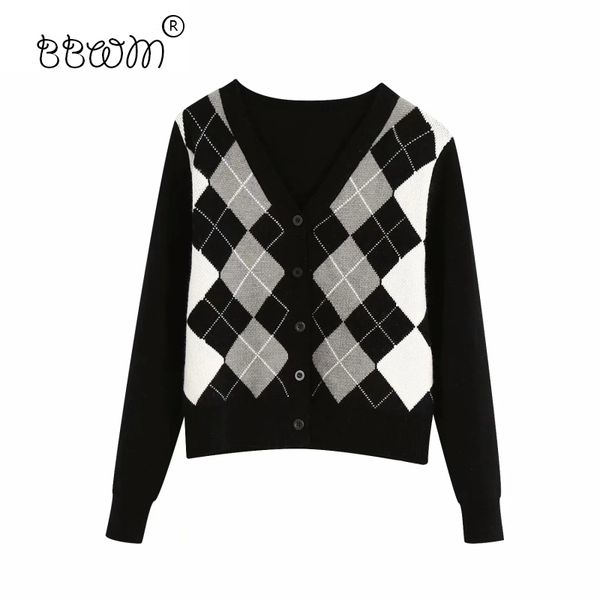 women england style argyle contrast colors cardigans vintage single breasted v-neck sweaters female chic jumpers 201202, White;black
women england style argyle contrast colors cardigans vintage single breasted v-neck sweaters female chic jumpers 201202, White;black