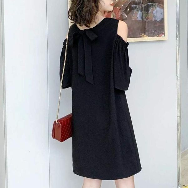 2021 summer off-shoulder dress for women bow pleated short sleeve elegant midi dresses plus size solid loose fashion vestidos, White;black
2021 summer off-shoulder dress for women bow pleated short sleeve elegant midi dresses plus size solid loose fashion vestidos, White;black